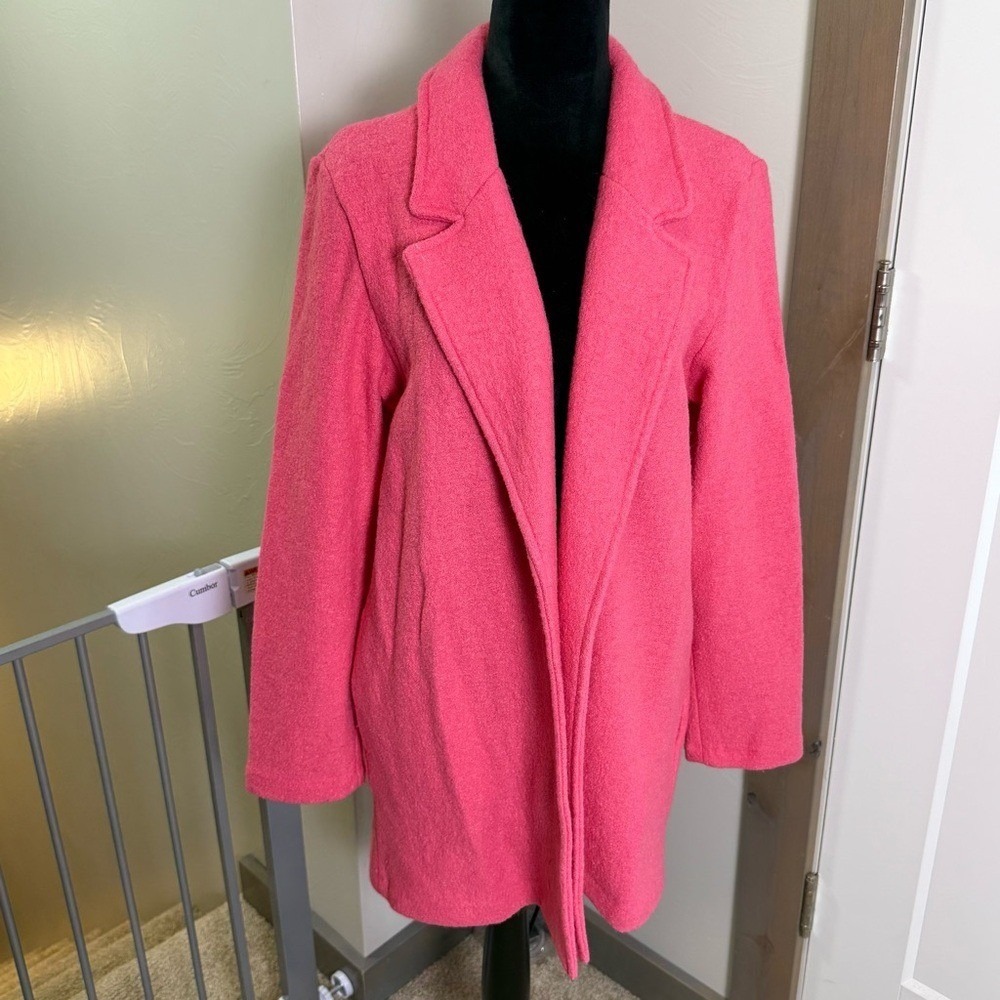 Rachel Zoe Wool Blend Open Front Blazer Jacket Workwear Bubblegum Pink Longline